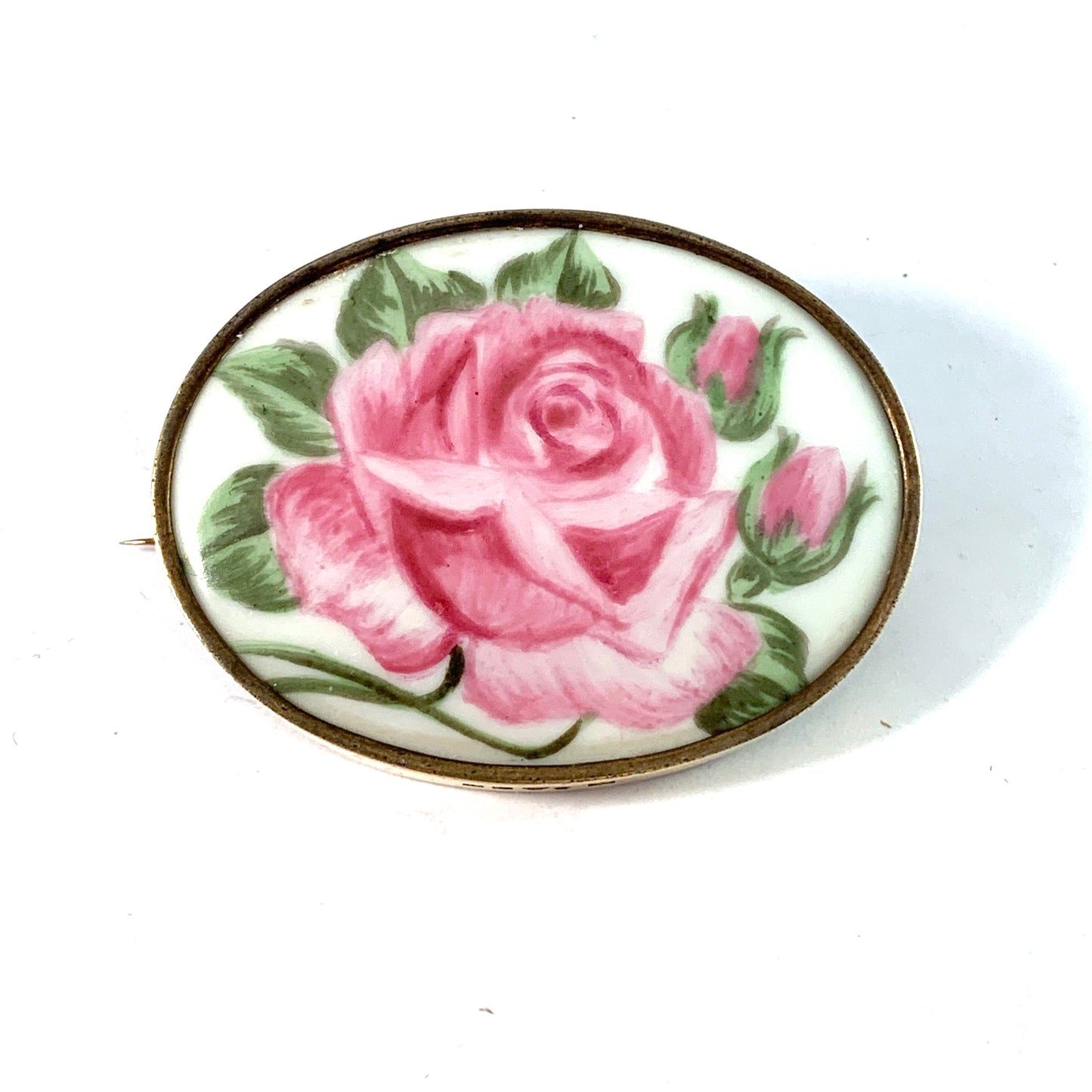 Oscar Fröberg, Sweden 1918. Antique Silver Painted Porcelain Large Rose Flower Brooch.