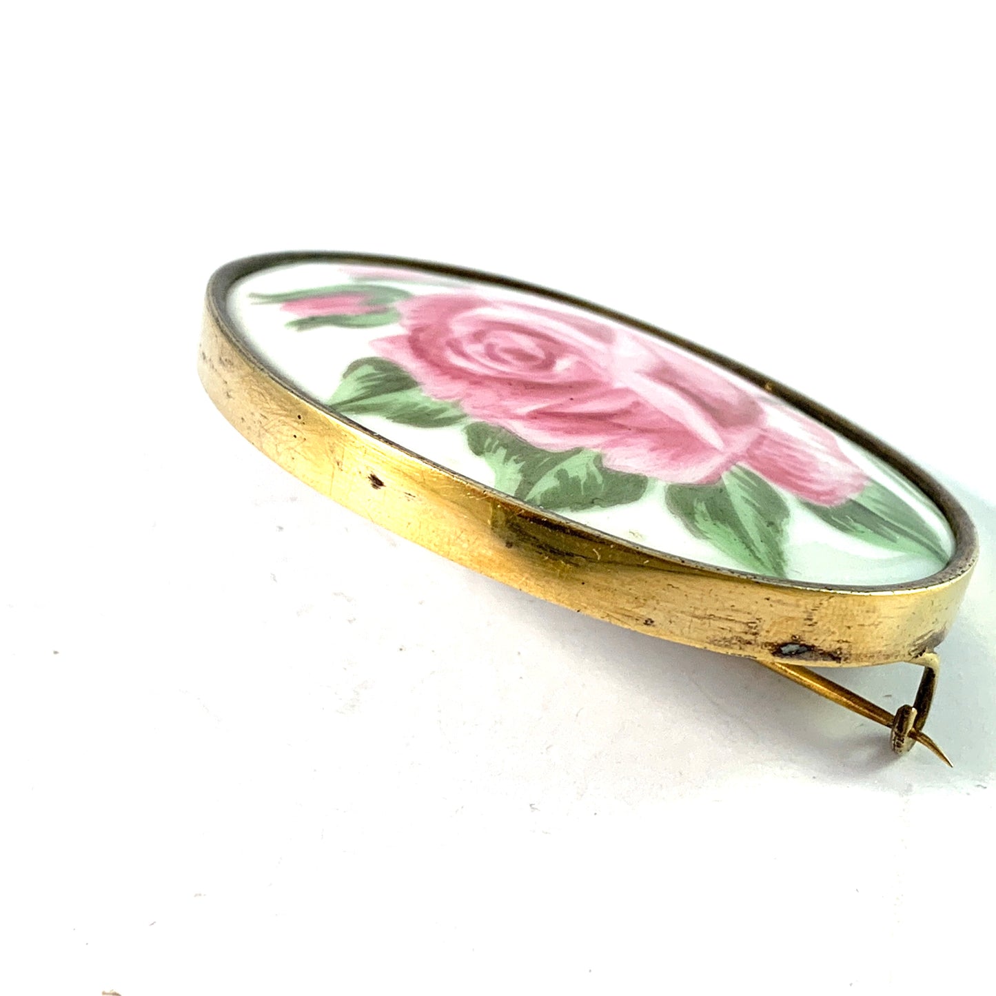 Oscar Fröberg, Sweden 1918. Antique Silver Painted Porcelain Large Rose Flower Brooch.