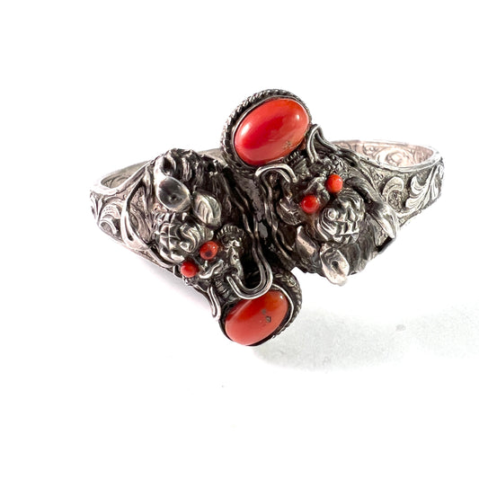 China. Vintage or Antique Solid Silver Coral Dragon Bangle Bracelet.