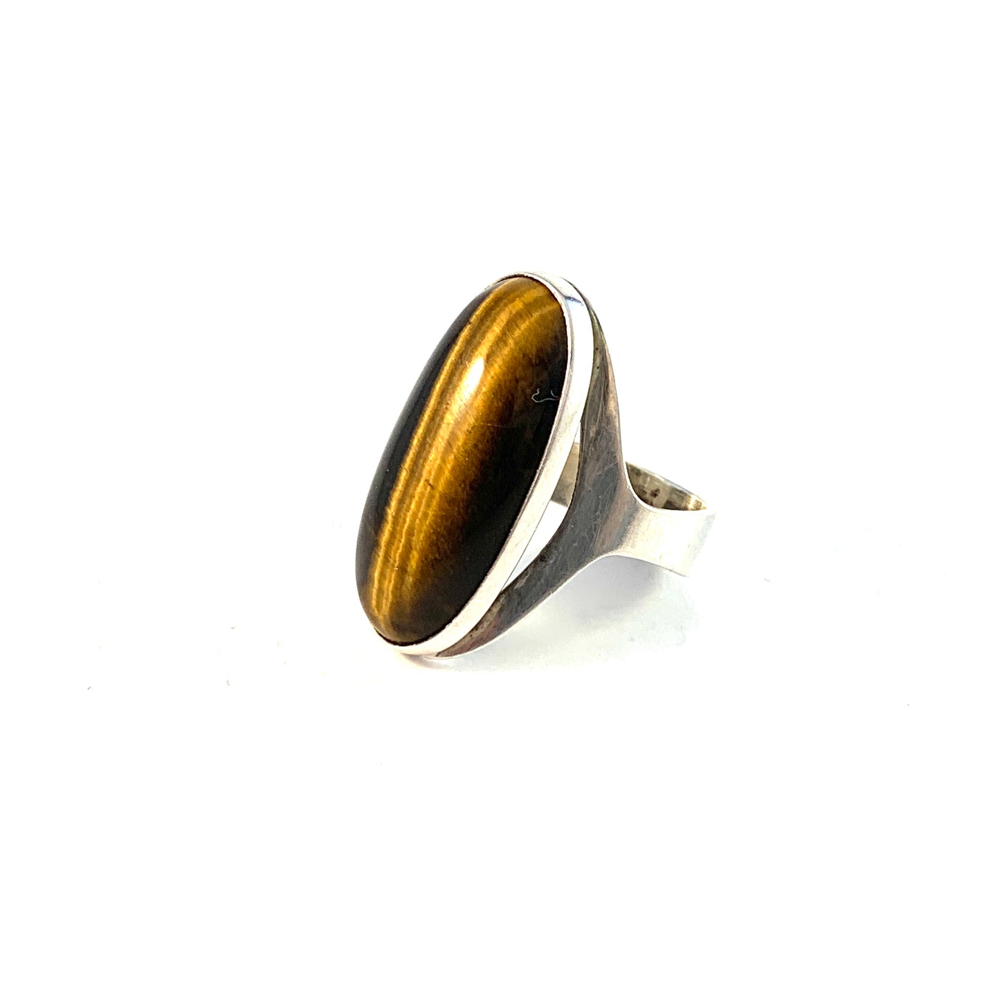 Turun Hopea Finland 1967. Modernist Solid Silver Tiger Eye Ring.