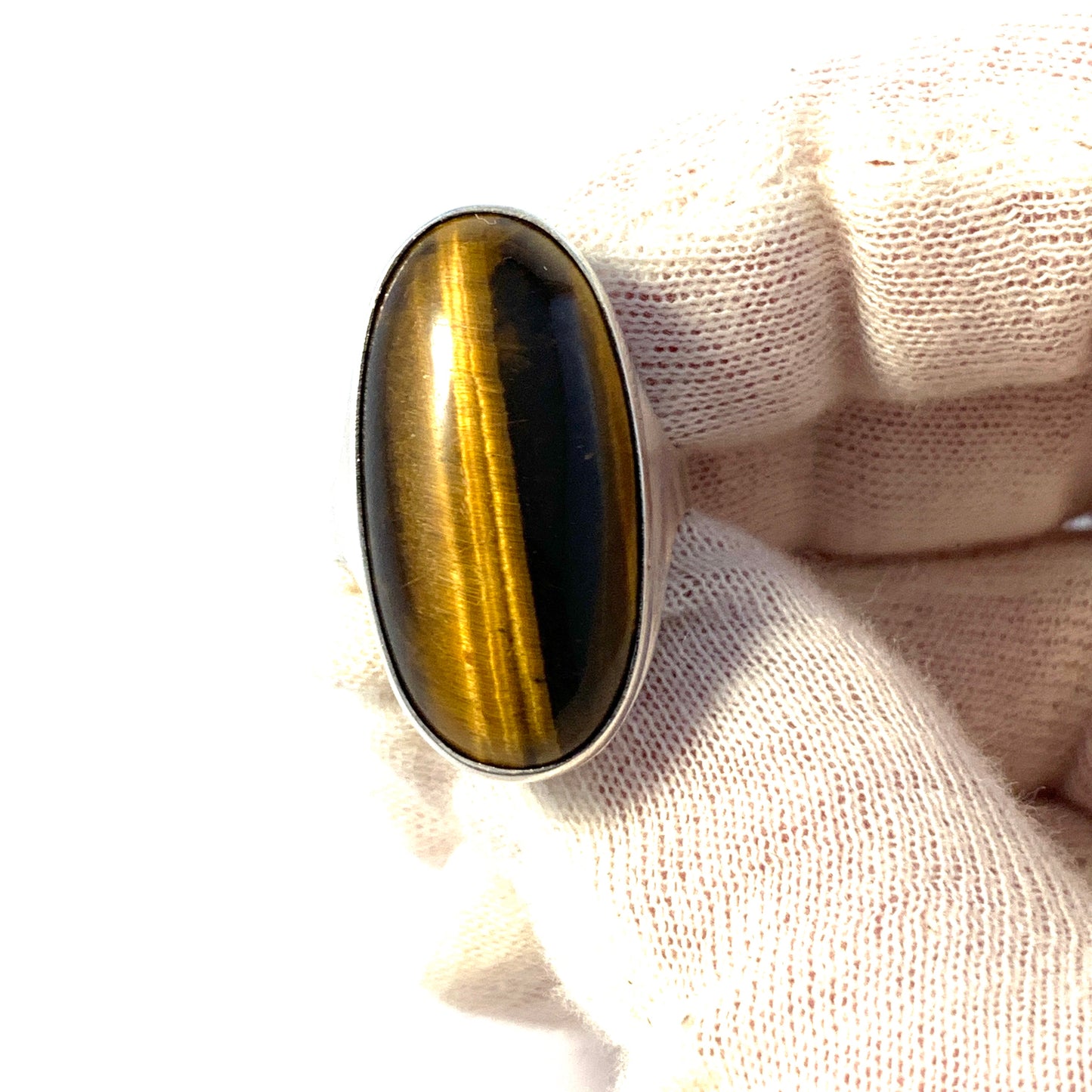 Turun Hopea Finland 1967. Modernist Solid Silver Tiger Eye Ring.