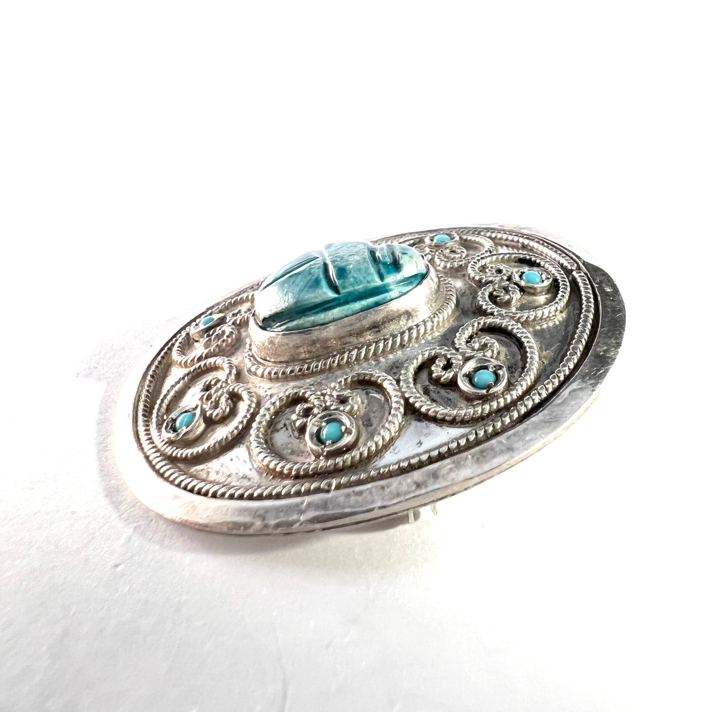 Egypt, Vintage 900 Silver Faience Scarab Turquoise Brooch Pendant.