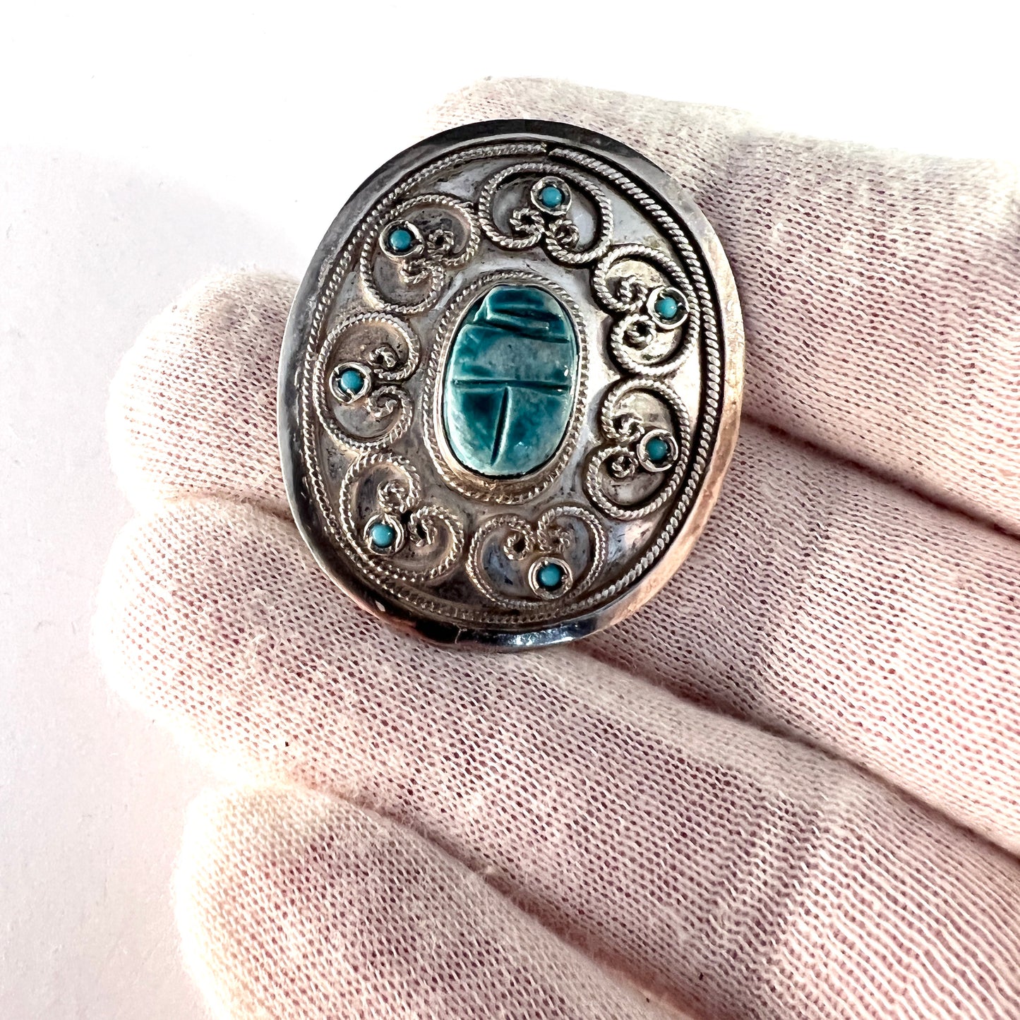 Egypt, Vintage 900 Silver Faience Scarab Turquoise Brooch Pendant.