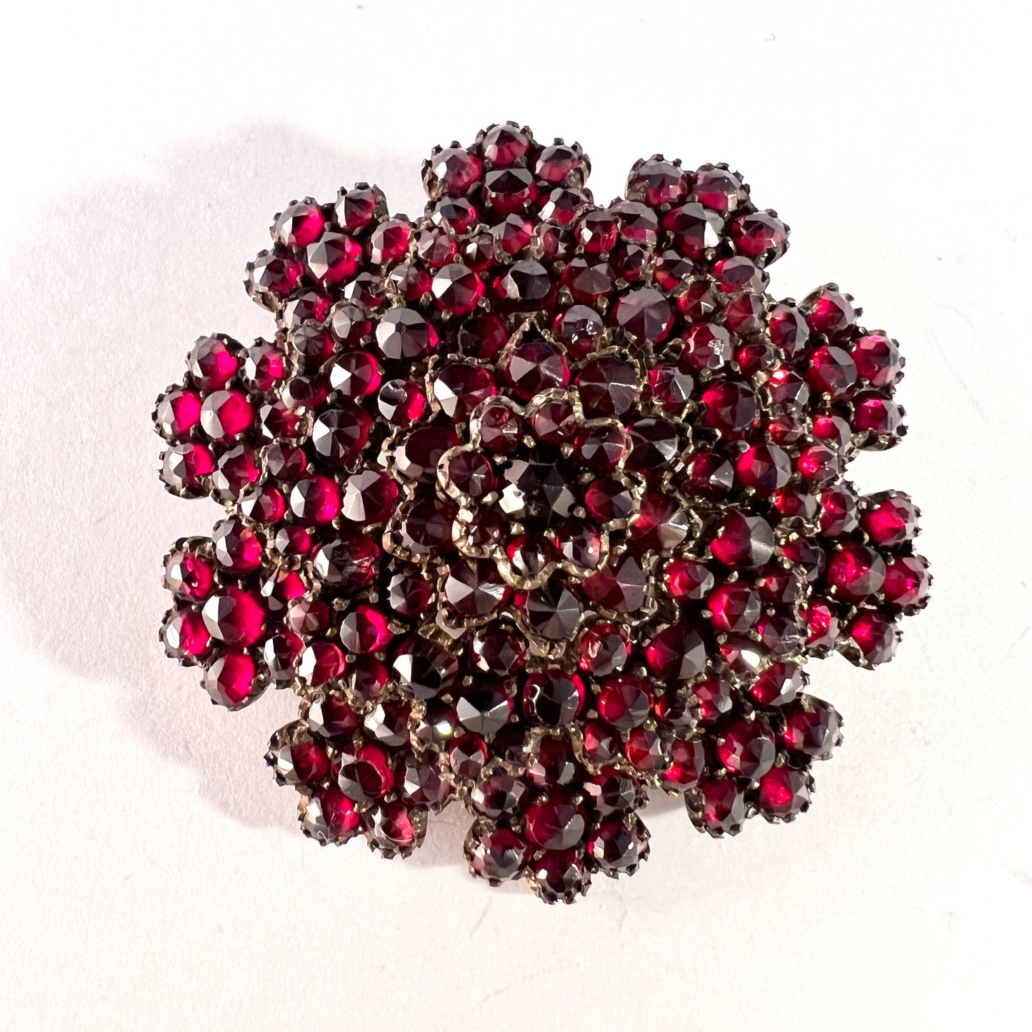 Antique c year 1900. Bohemian Garnet Cluster Gilt Metal Brooch.