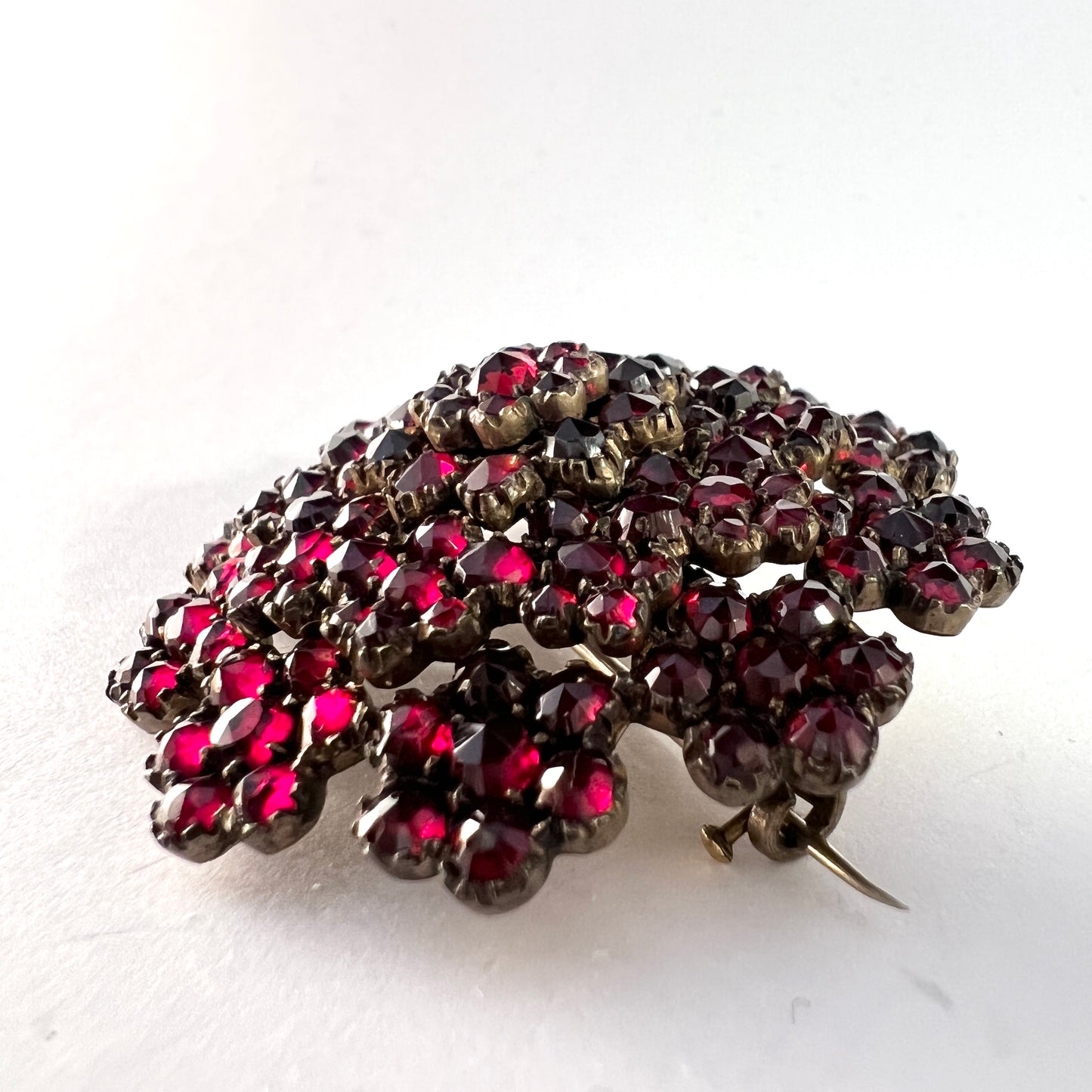 Antique c year 1900. Bohemian Garnet Cluster Gilt Metal Brooch.