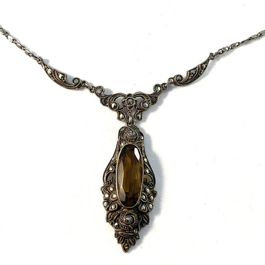 Germany / Austria early 1900s Solid Silver Smoky Quartz Marcasite Necklace.