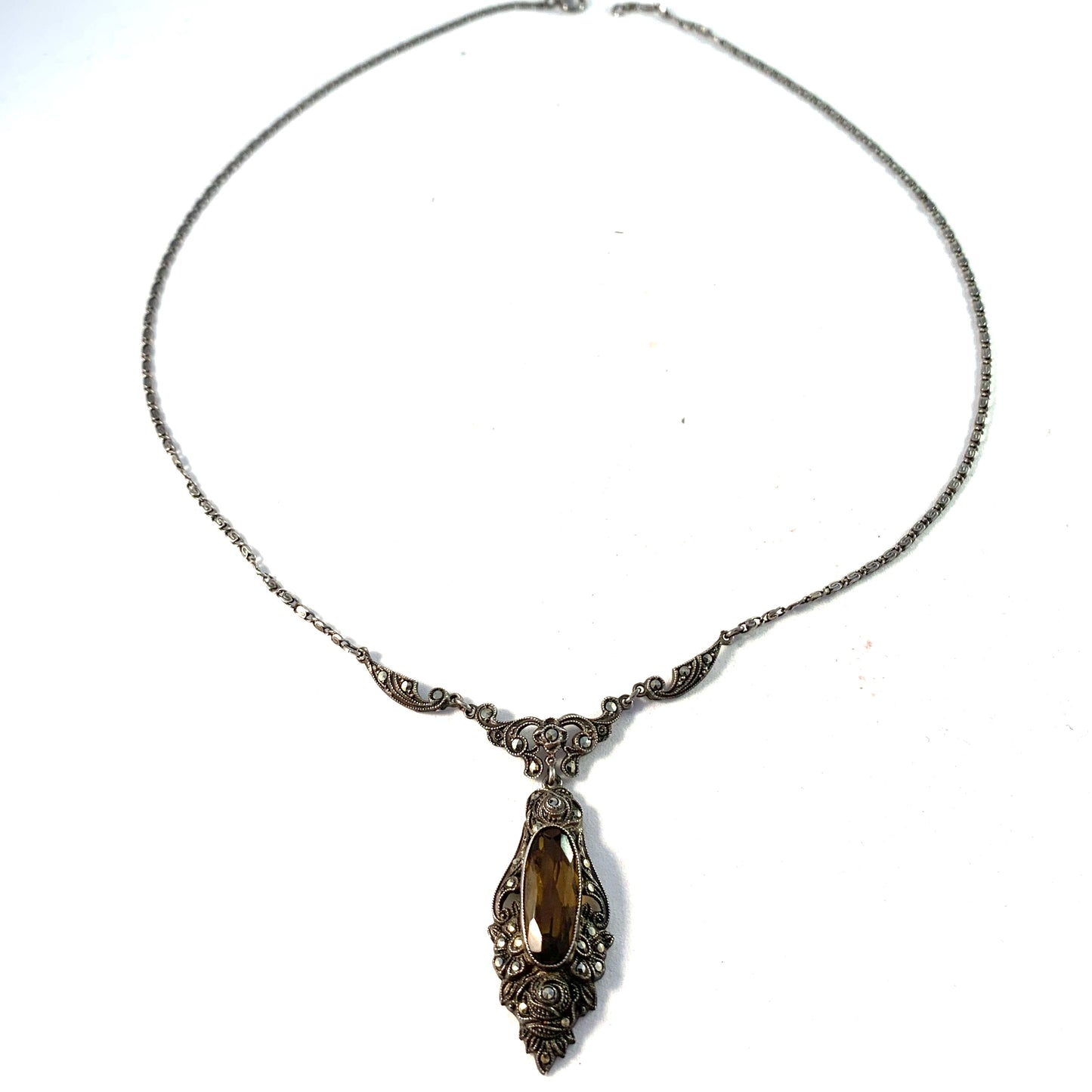 Germany / Austria early 1900s Solid Silver Smoky Quartz Marcasite Necklace.