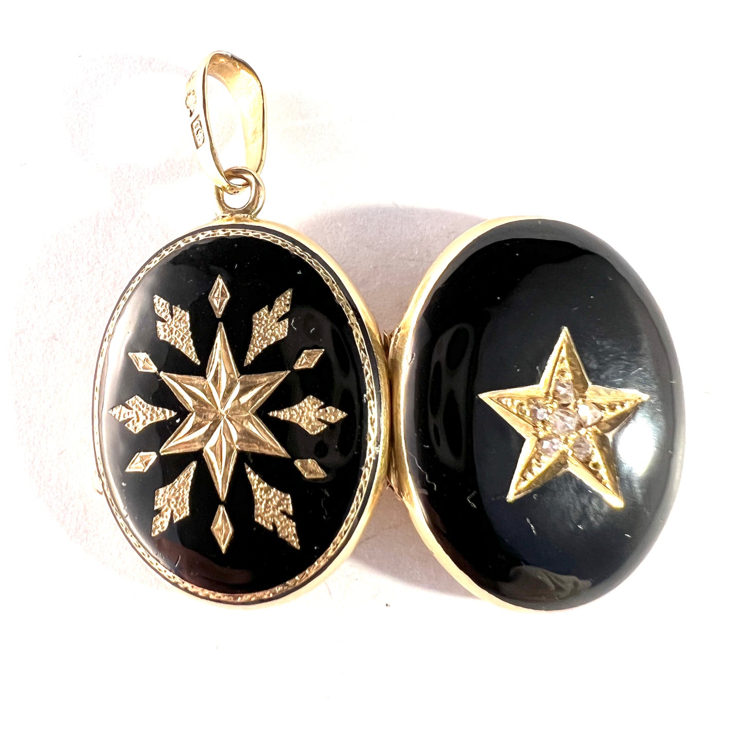 G Dahlgren, Sweden 1868. Victorian 18k Gold Enamel Rose Cut Diamonds Locket Pendant.