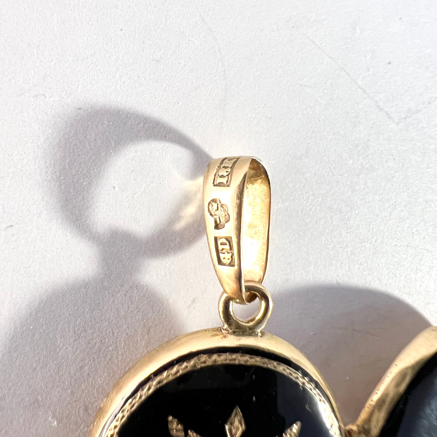 G Dahlgren, Sweden 1868. Victorian 18k Gold Enamel Rose Cut Diamonds Locket Pendant.