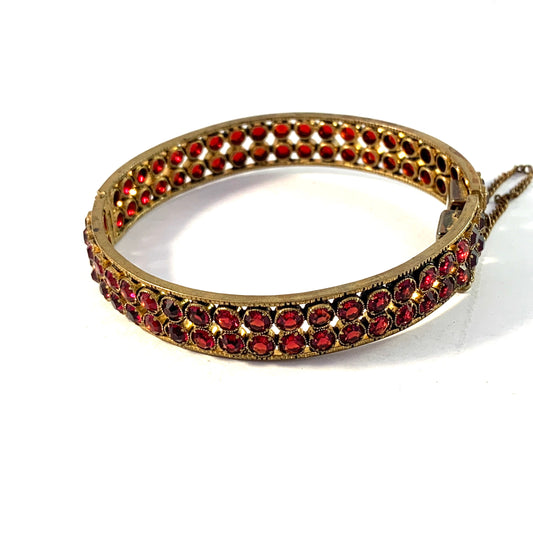 Antique c year 1900 Bohemian Garnet Gilt Metal Open/Close Bangle Bracelet.