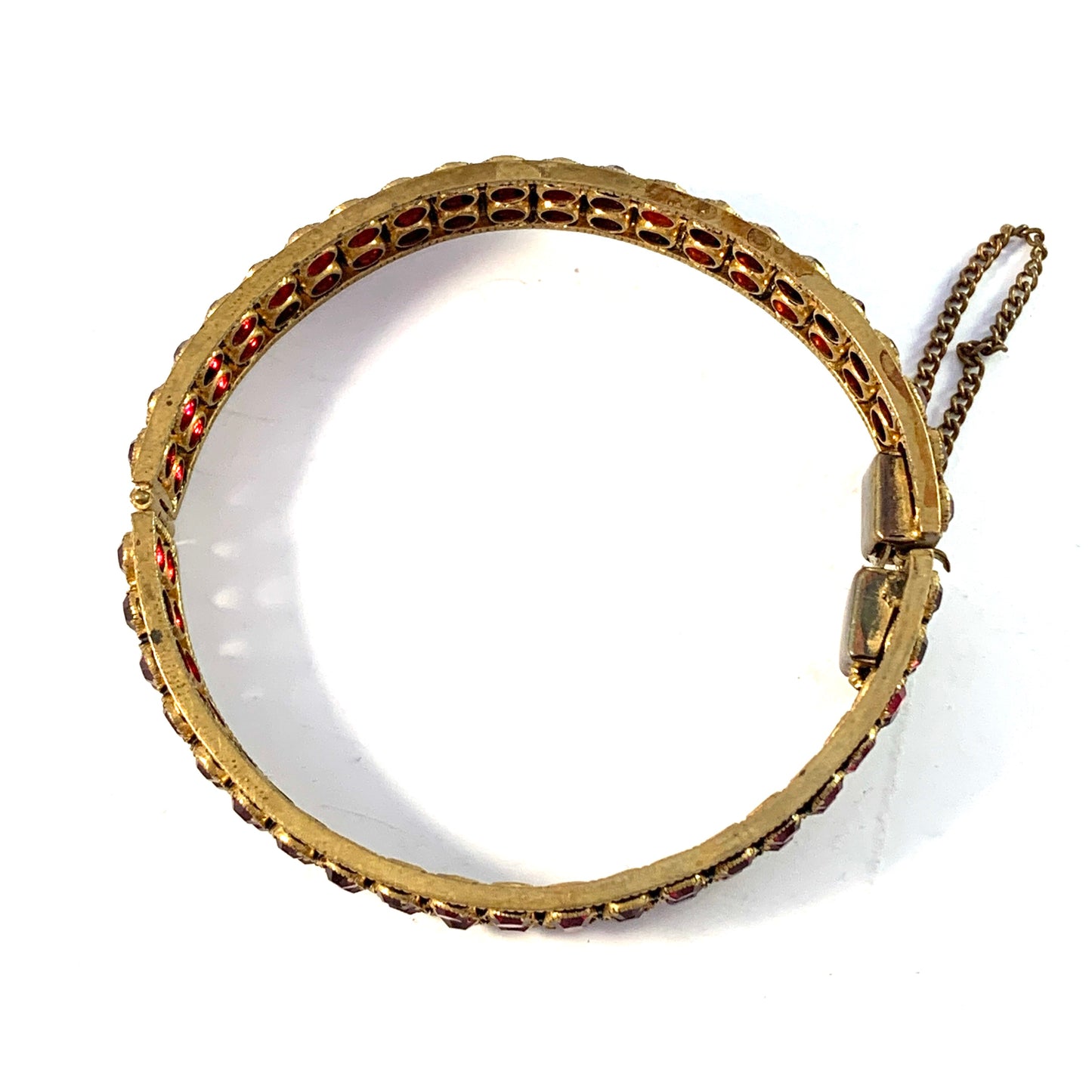 Antique c year 1900 Bohemian Garnet Gilt Metal Open/Close Bangle Bracelet.