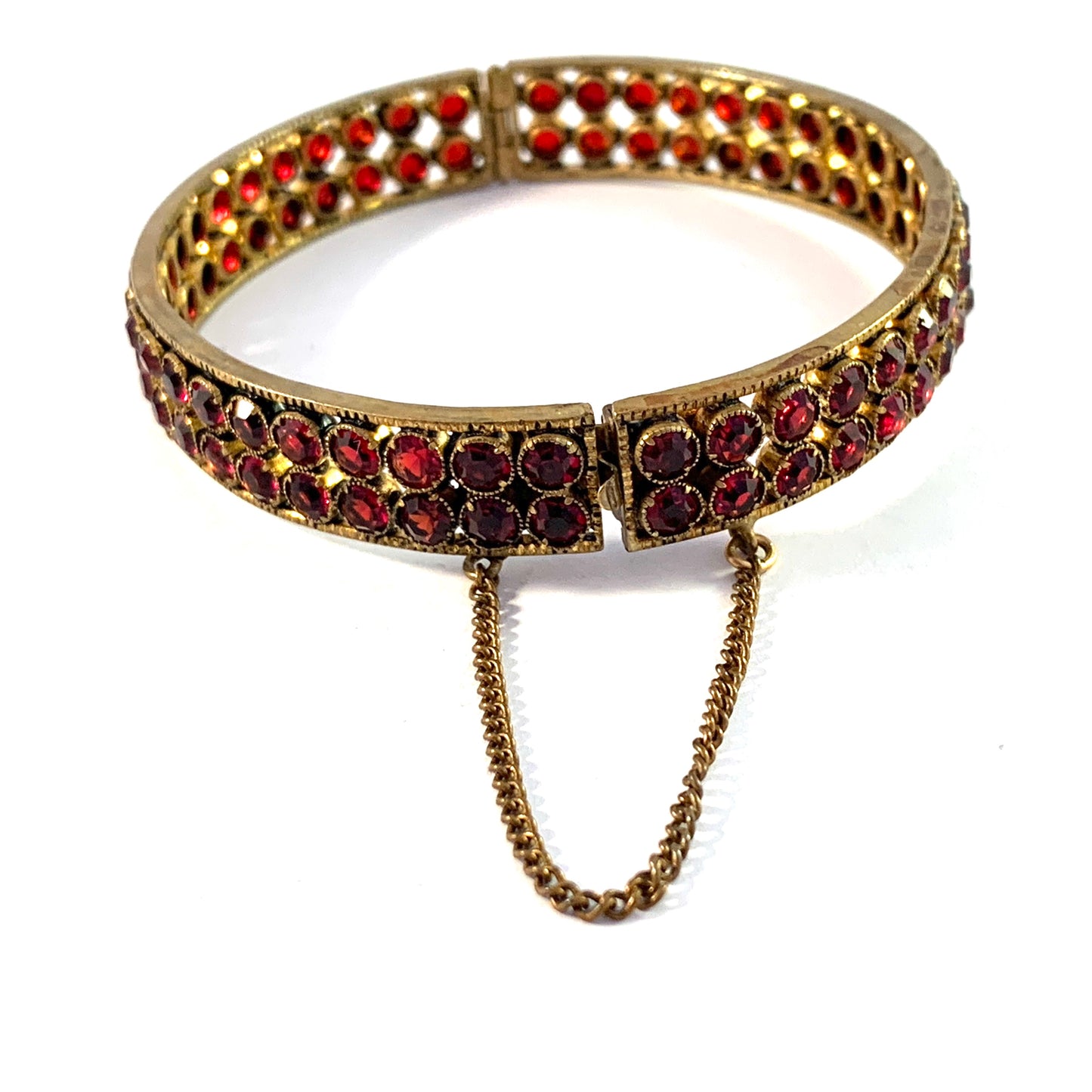 Antique c year 1900 Bohemian Garnet Gilt Metal Open/Close Bangle Bracelet.