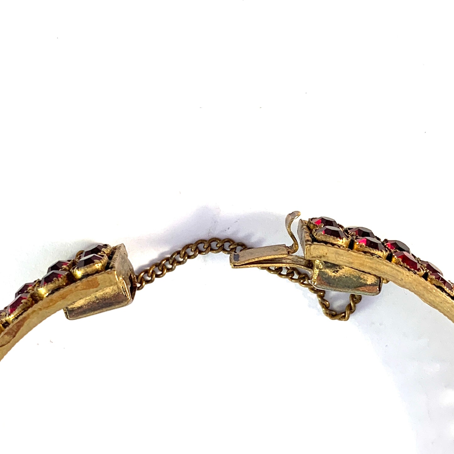 Antique c year 1900 Bohemian Garnet Gilt Metal Open/Close Bangle Bracelet.