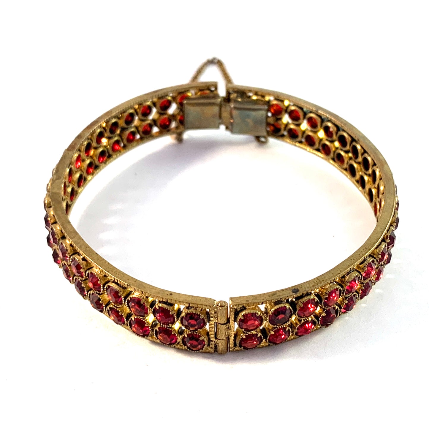 Antique c year 1900 Bohemian Garnet Gilt Metal Open/Close Bangle Bracelet.