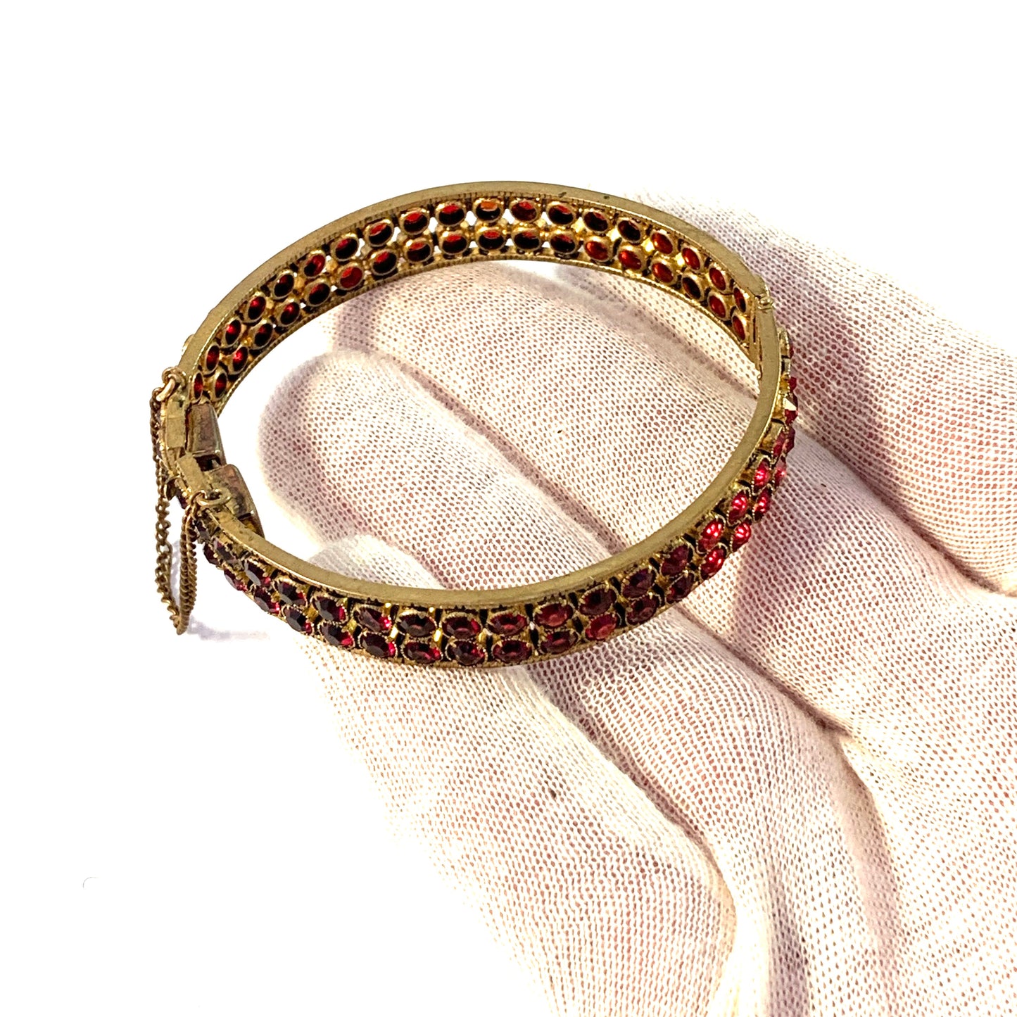 Antique c year 1900 Bohemian Garnet Gilt Metal Open/Close Bangle Bracelet.