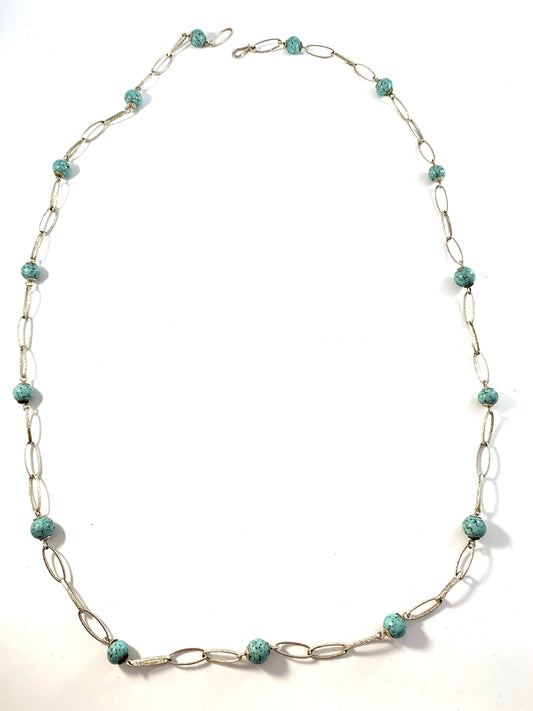 Vintage 1960s Solid 835 Silver Turquoise Long Necklace