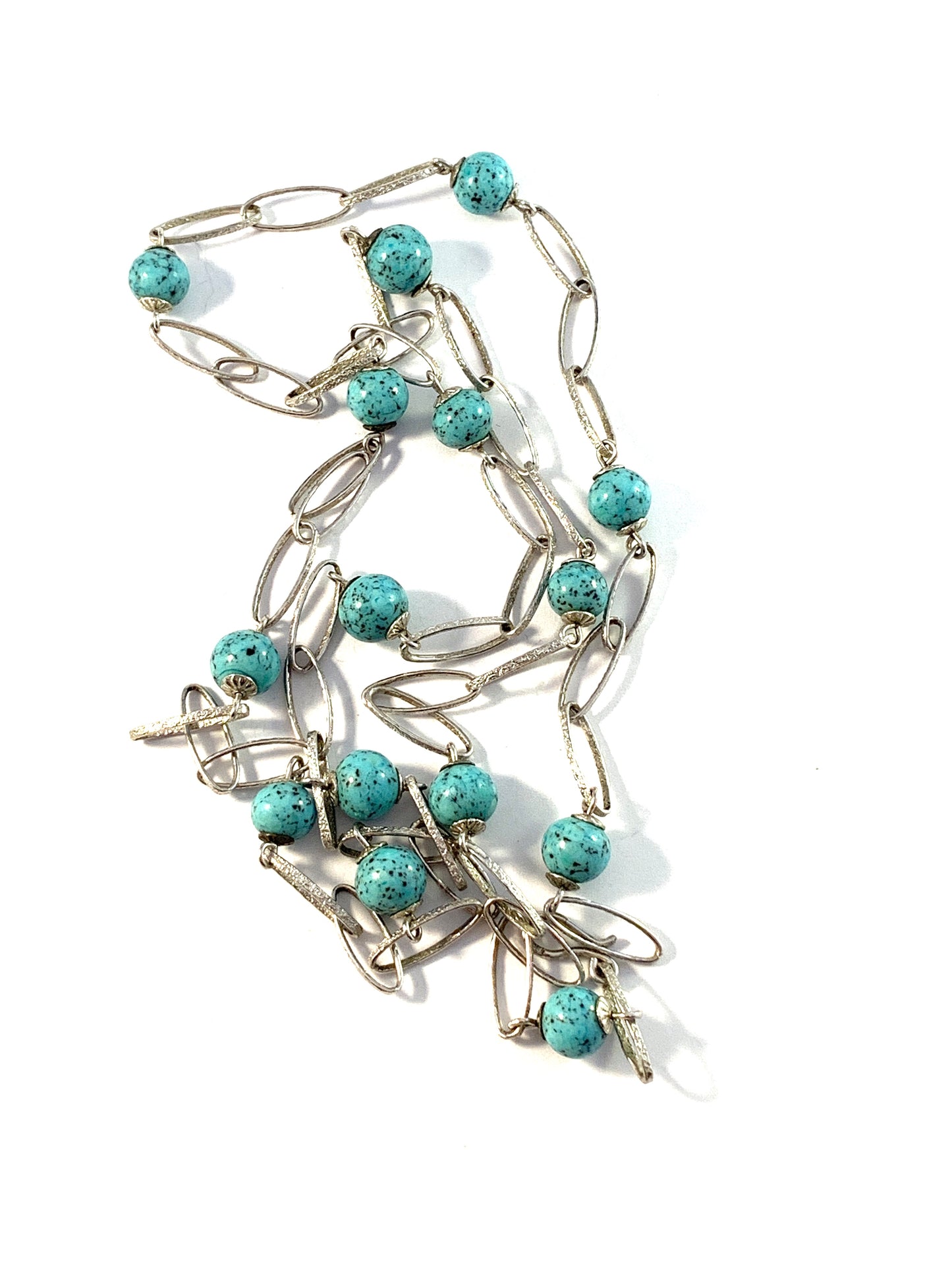 Vintage 1960s Solid 835 Silver Turquoise Long Necklace