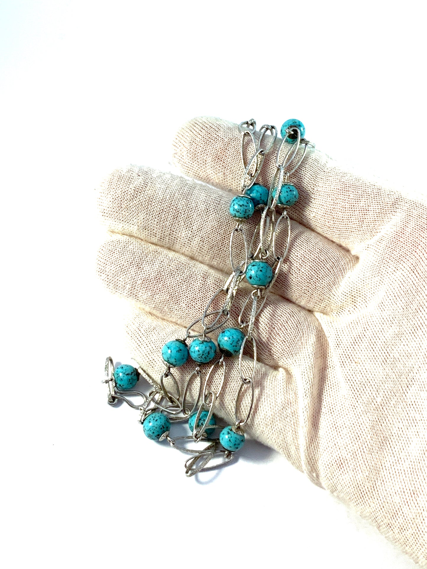 Vintage 1960s Solid 835 Silver Turquoise Long Necklace