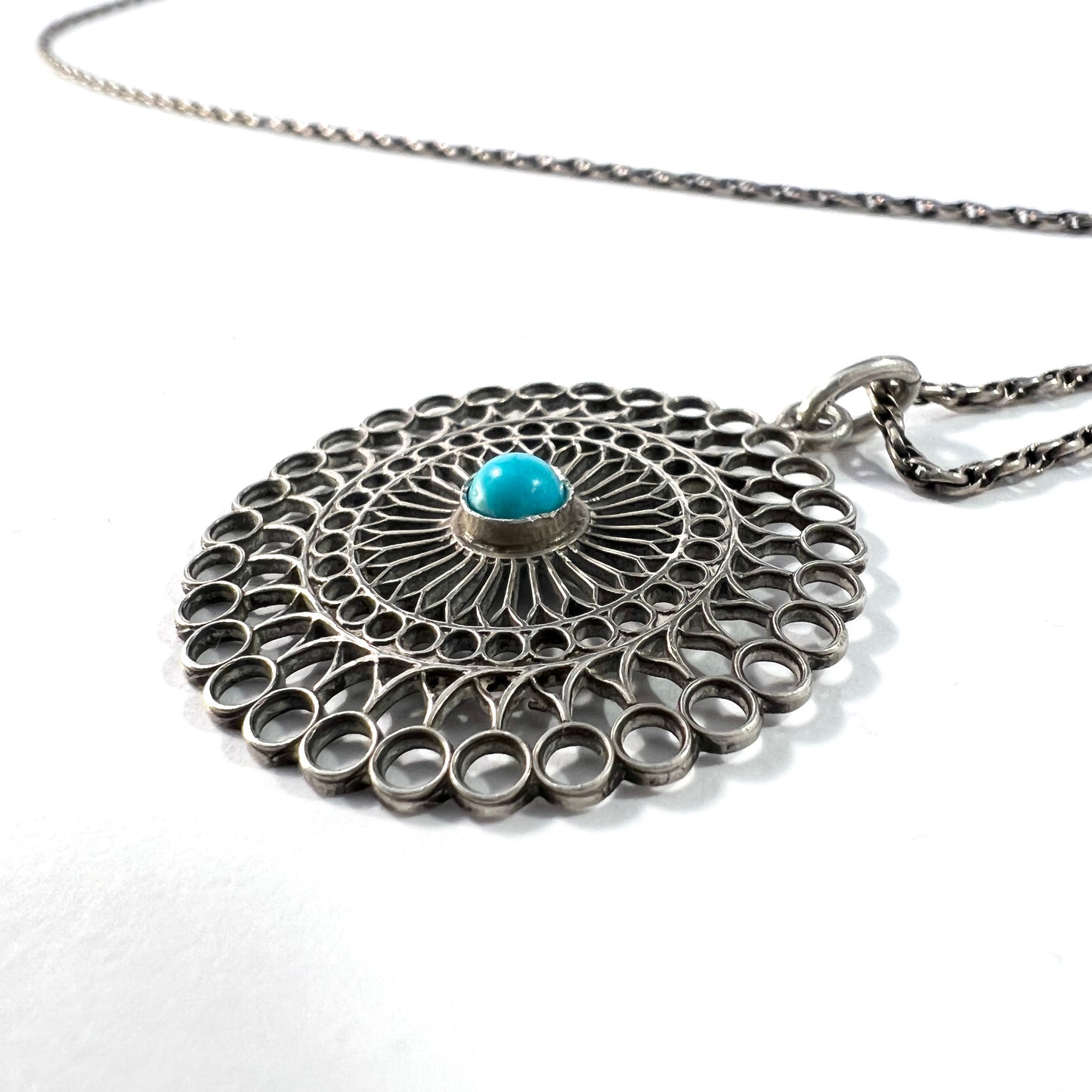 Vintage 1930-40s. Solid 800 Silver Turquoise Long Chain Necklace. Prob Italy.