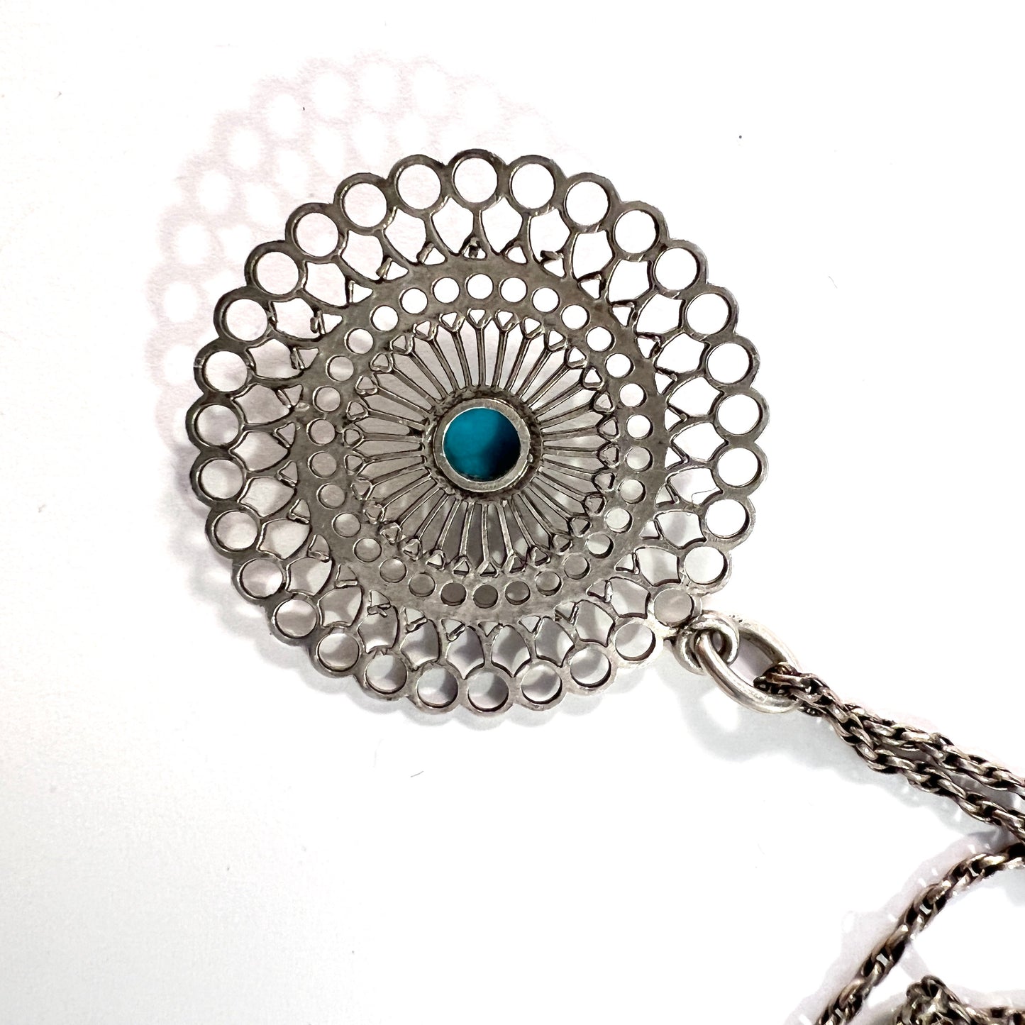 Vintage 1930-40s. Solid 800 Silver Turquoise Long Chain Necklace. Prob Italy.