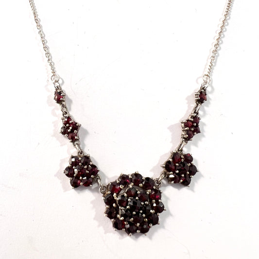 Vintage Mid-Century Bohemian Garnet Cluster 835 Silver Necklace.