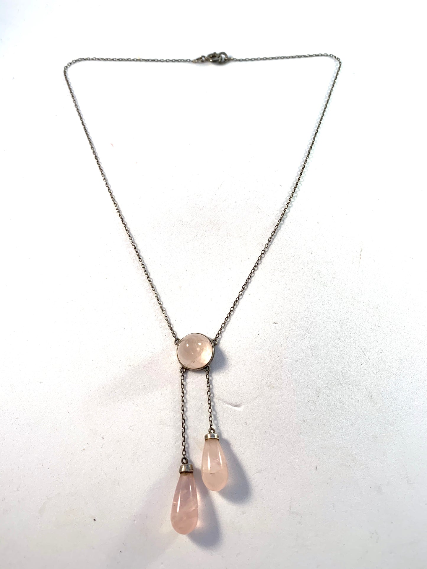 Sweden early 1900s Edwardian Solid Silver Rose Quartz Negligee Necklace.