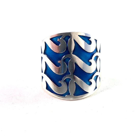 Millie Behrens for David Andersen, Norway Vintage Chunky Sterling Silver Blue Enamel Ring