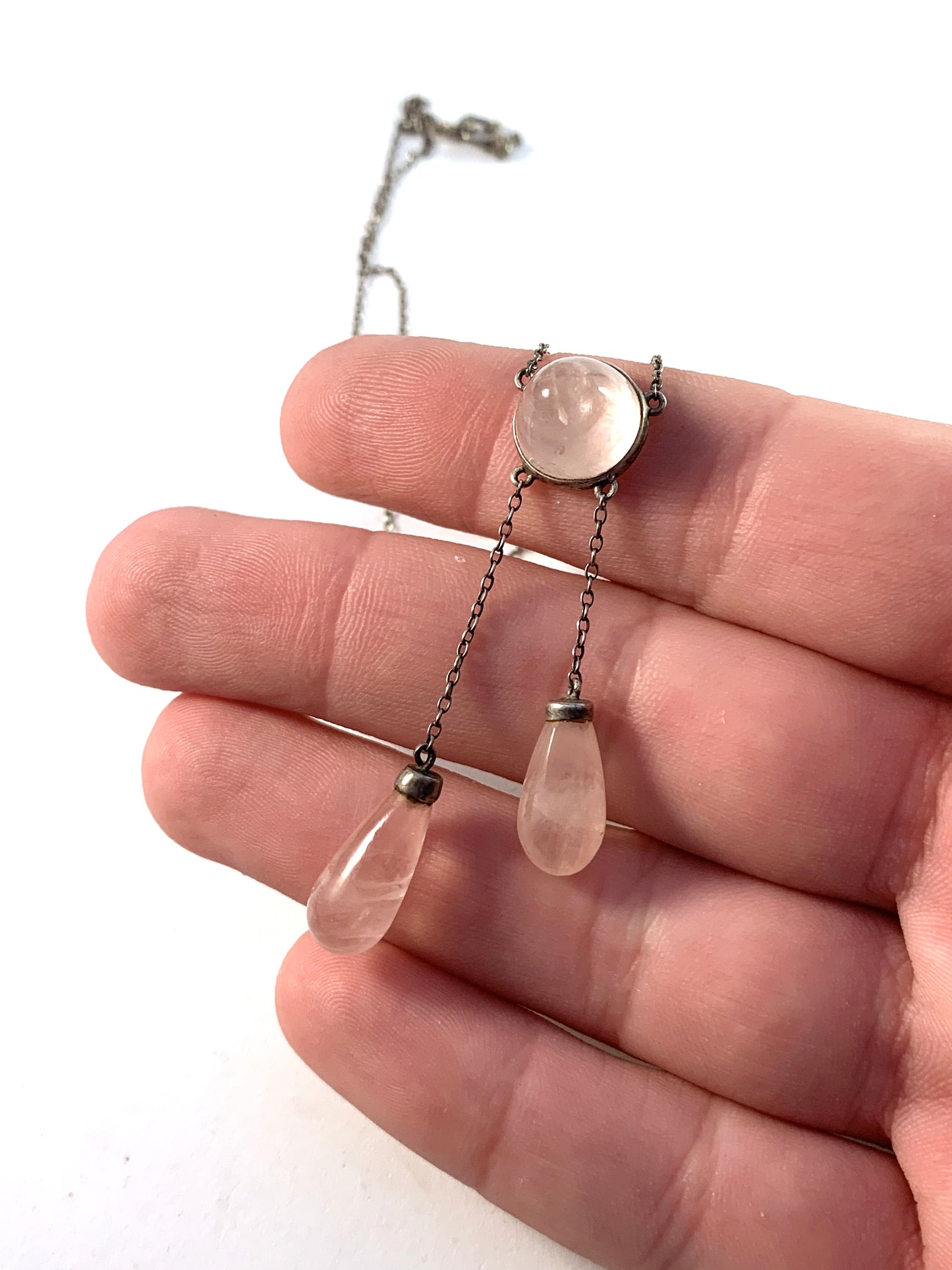 Sweden early 1900s Edwardian Solid Silver Rose Quartz Negligee Necklace.