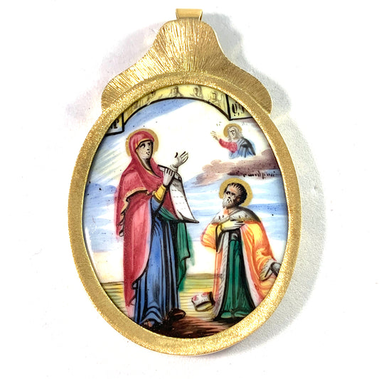 Antique Biblical Porcelain Plaque, set in a Vintage Chunky 18k Gold Pendant. 24.8gram, Sweden