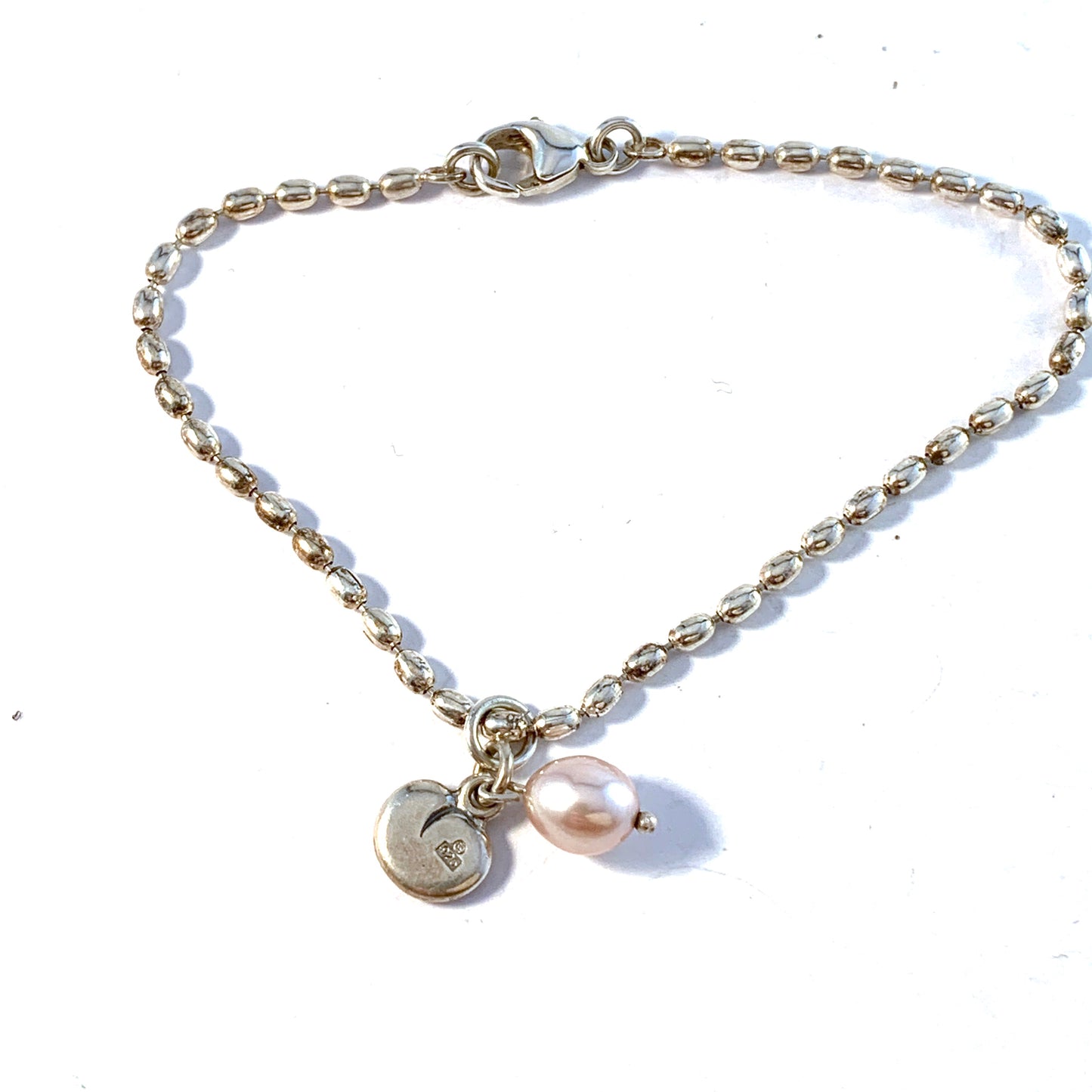 Kalevala Koru, Finland. Vintage Sterling Silver Cultured Pink Pearl Heart Bracelet.