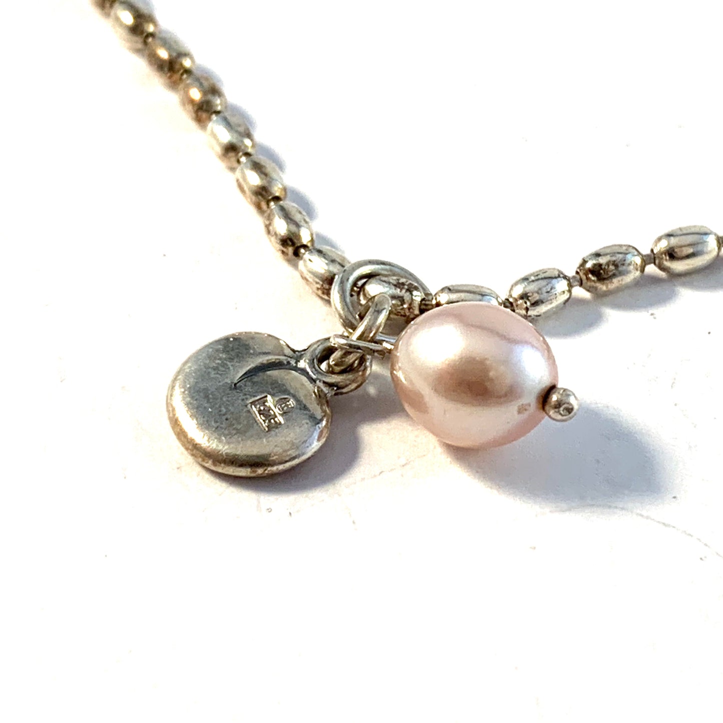 Kalevala Koru, Finland. Vintage Sterling Silver Cultured Pink Pearl Heart Bracelet.