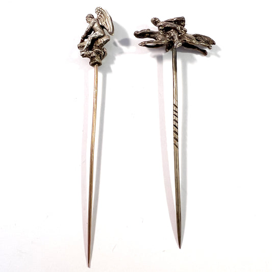 Two Antique Silver Metal Hat Pins.