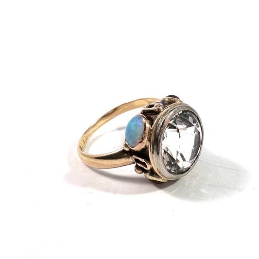 Sweden year 1920. Antique 18k Gold Opal Citrine Tourmaline Quartz Ring.