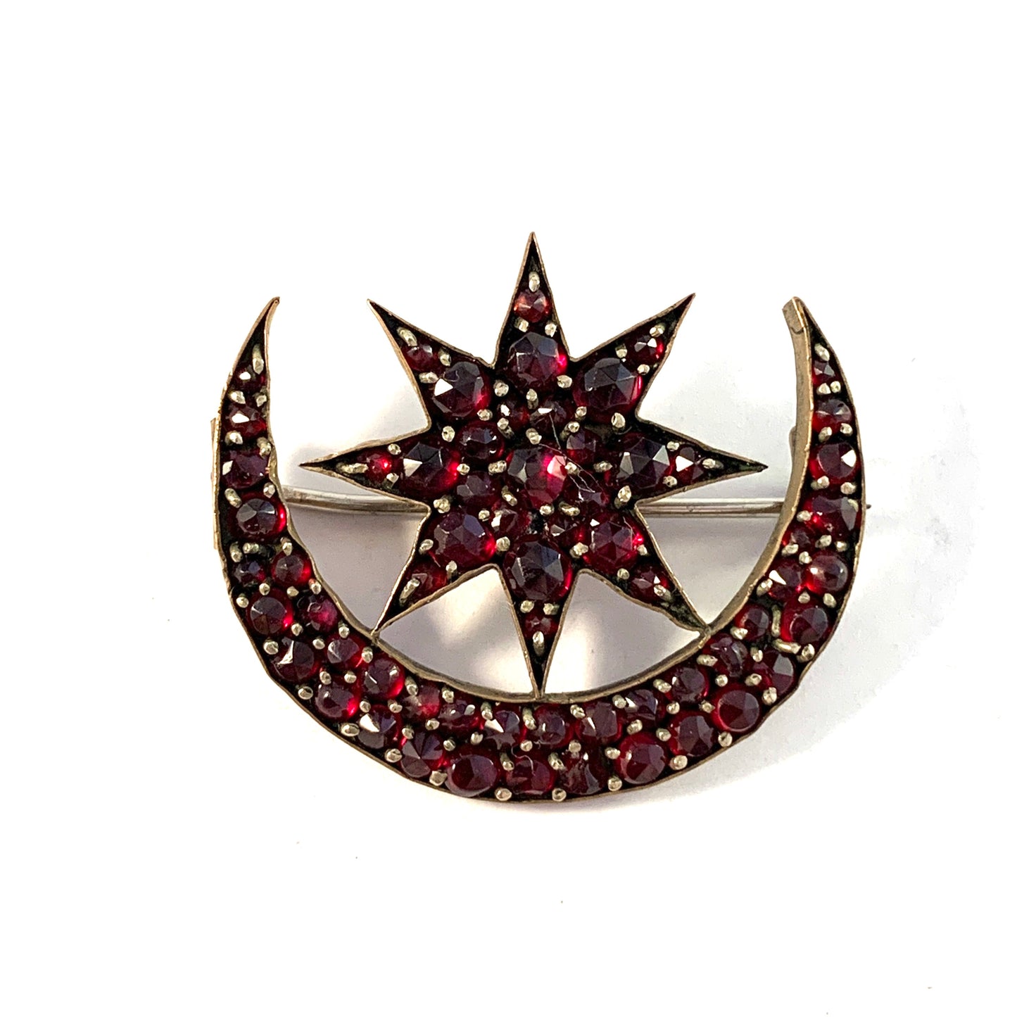 Antique Bohemian Garnet Gilt Metal Crescent Star Brooch