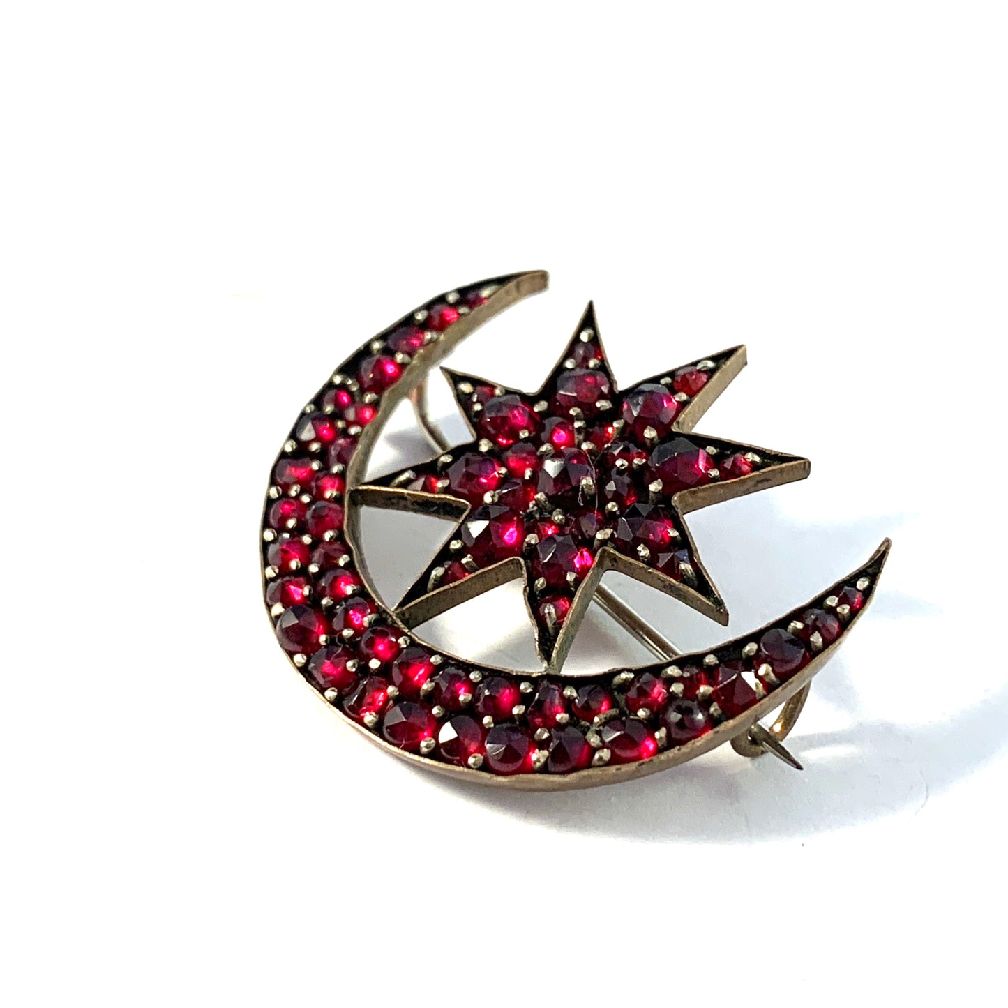 Antique Bohemian Garnet Gilt Metal Crescent Star Brooch