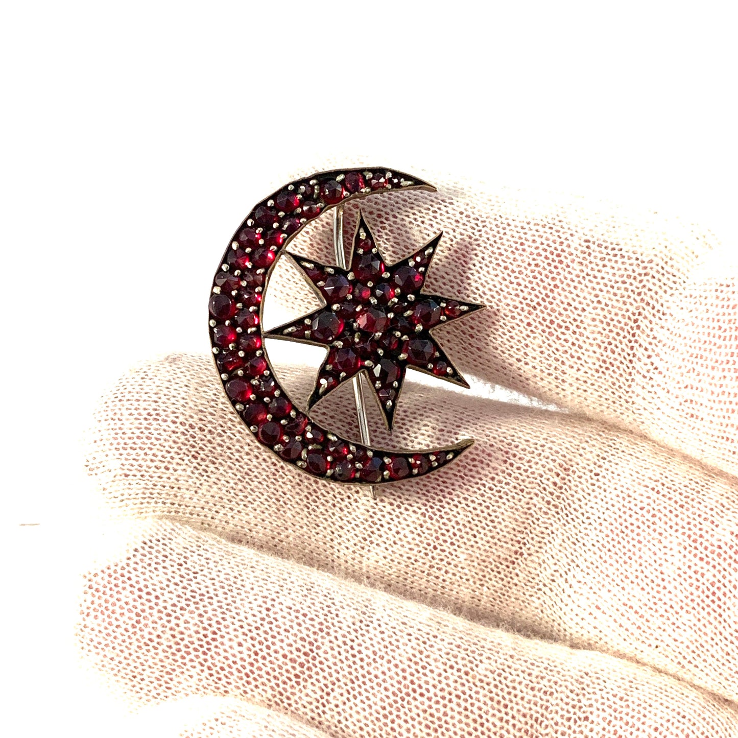 Antique Bohemian Garnet Gilt Metal Crescent Star Brooch