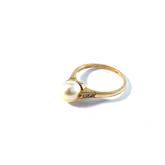 Vintage Mid Century 14k Gold Diamond Cultured Pearl Ring.