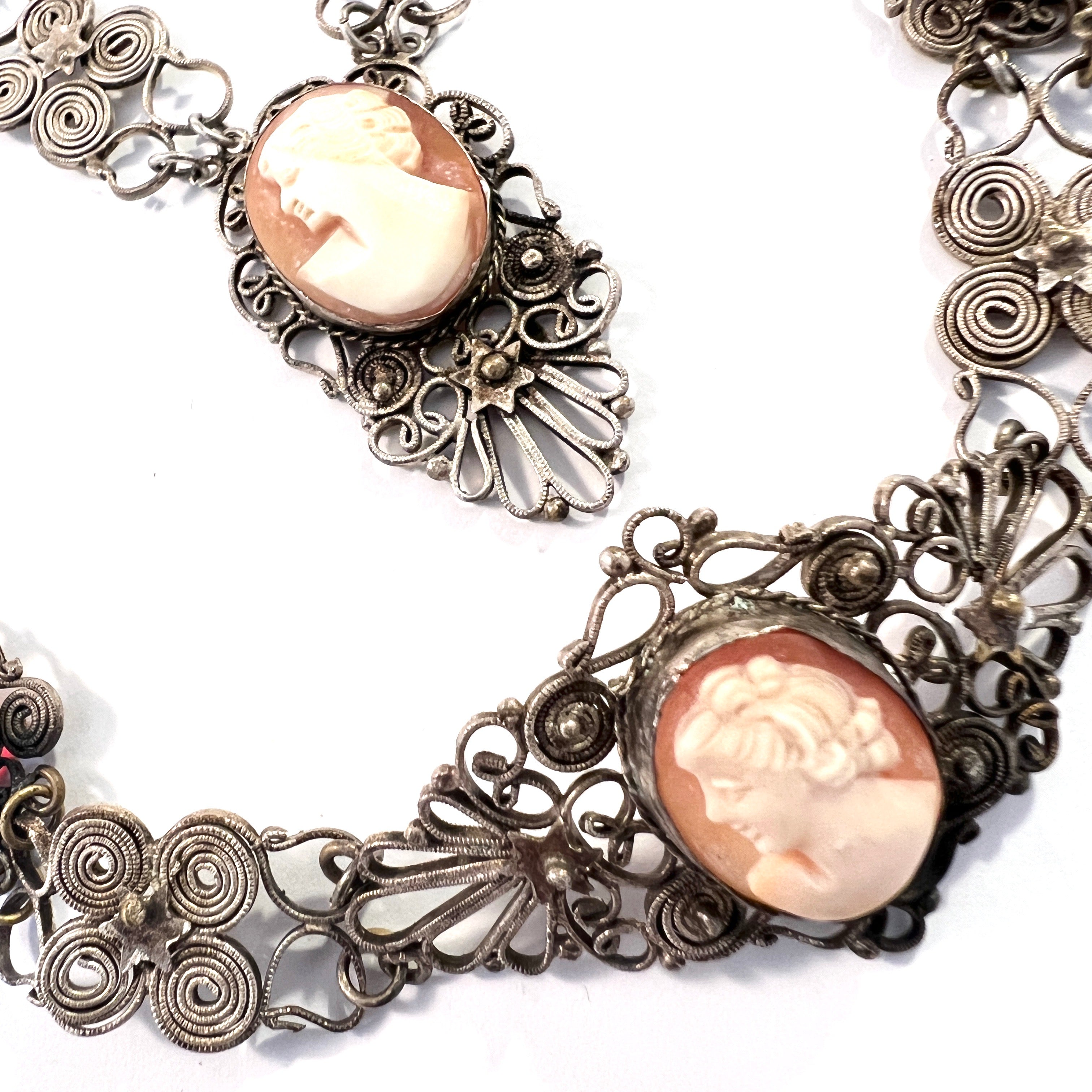 Italy Early 1900s Silver Plated 800 Silver Cameo Paste Necklace and Bracelet.
