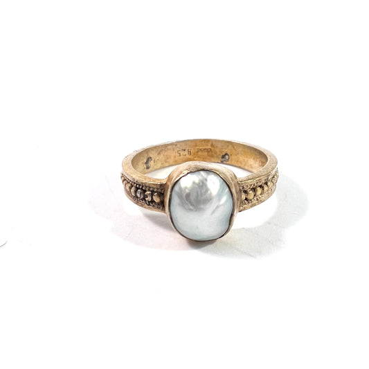 Vintage Gilt Sterling Silver Cultured Pearl Medieval Copy Ring. Maker's Mark