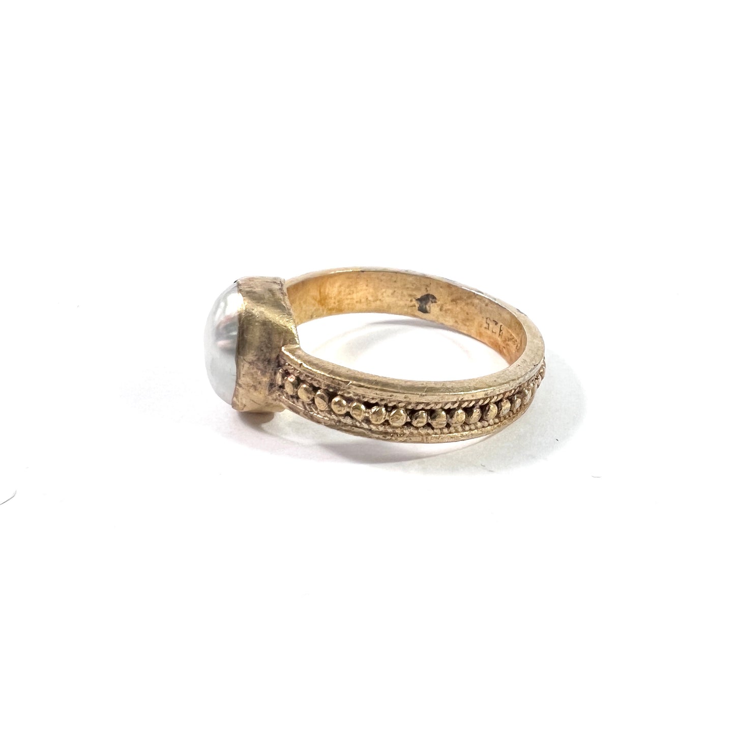 Vintage Gilt Sterling Silver Cultured Pearl Medieval Copy Ring. Maker's Mark