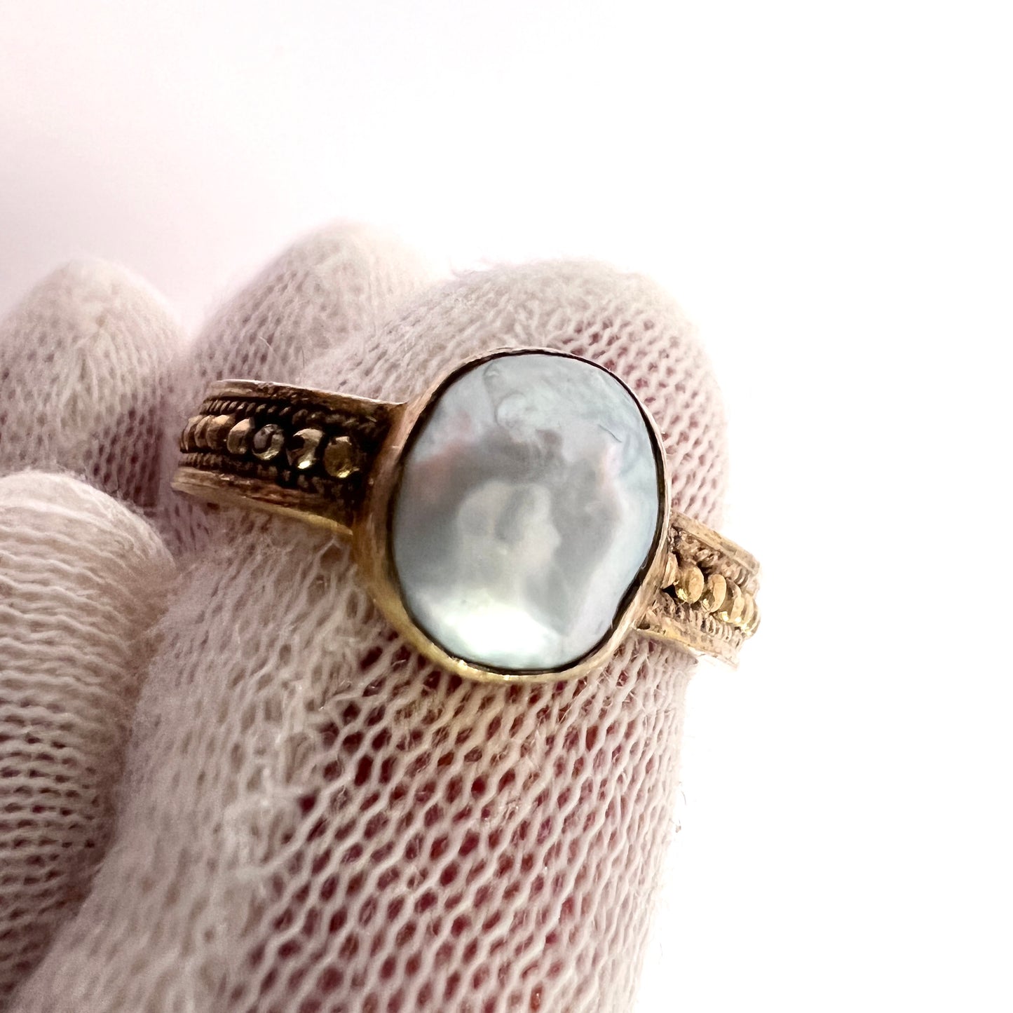 Vintage Gilt Sterling Silver Cultured Pearl Medieval Copy Ring. Maker's Mark