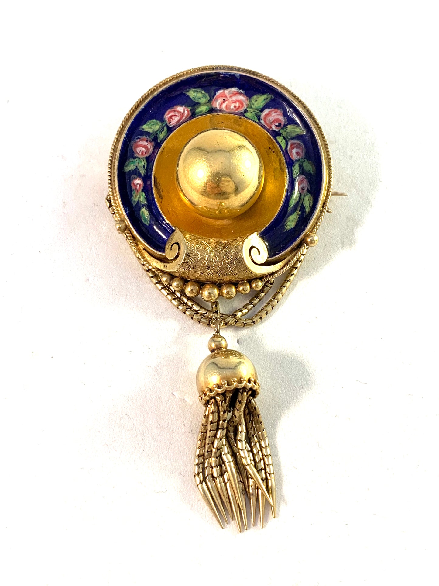 Victorian 18k Gold Enamel Tassel Locket Brooch Pendant.