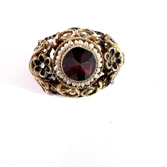 Austria/Hungary. Vintage Gilt Silver Garnet Seed-Pearl Enamel Brooch.