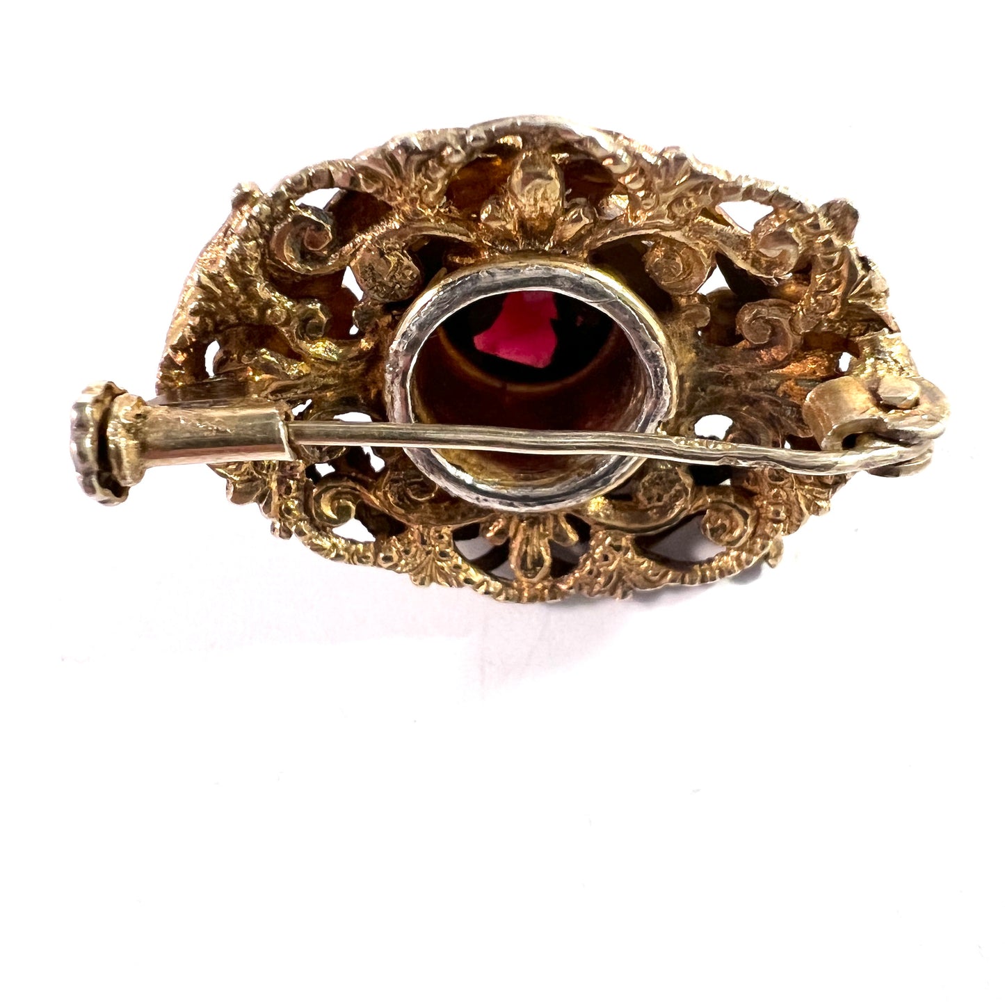 Austria/Hungary. Vintage Gilt Silver Garnet Seed-Pearl Enamel Brooch.