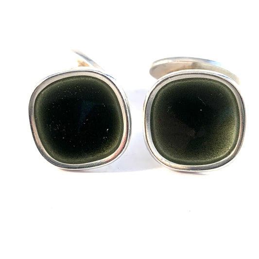 Atelier Borgila, Sweden 1958. Mid Century Dark Forest Green Enamel Sterling Cufflinks.