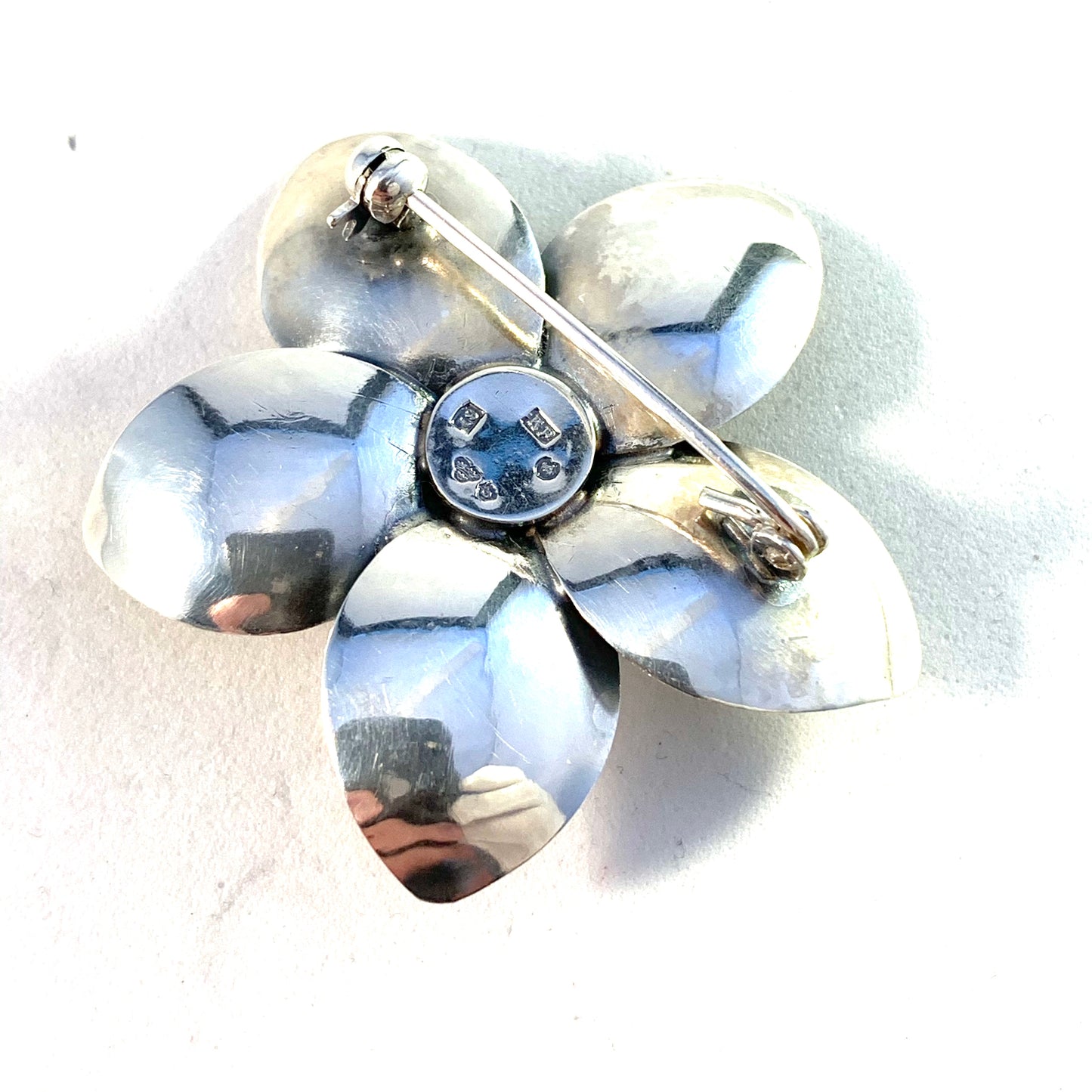 Alton, Sweden 1961 Mid Century Sterling Silver Chalcedony Flower Brooch.