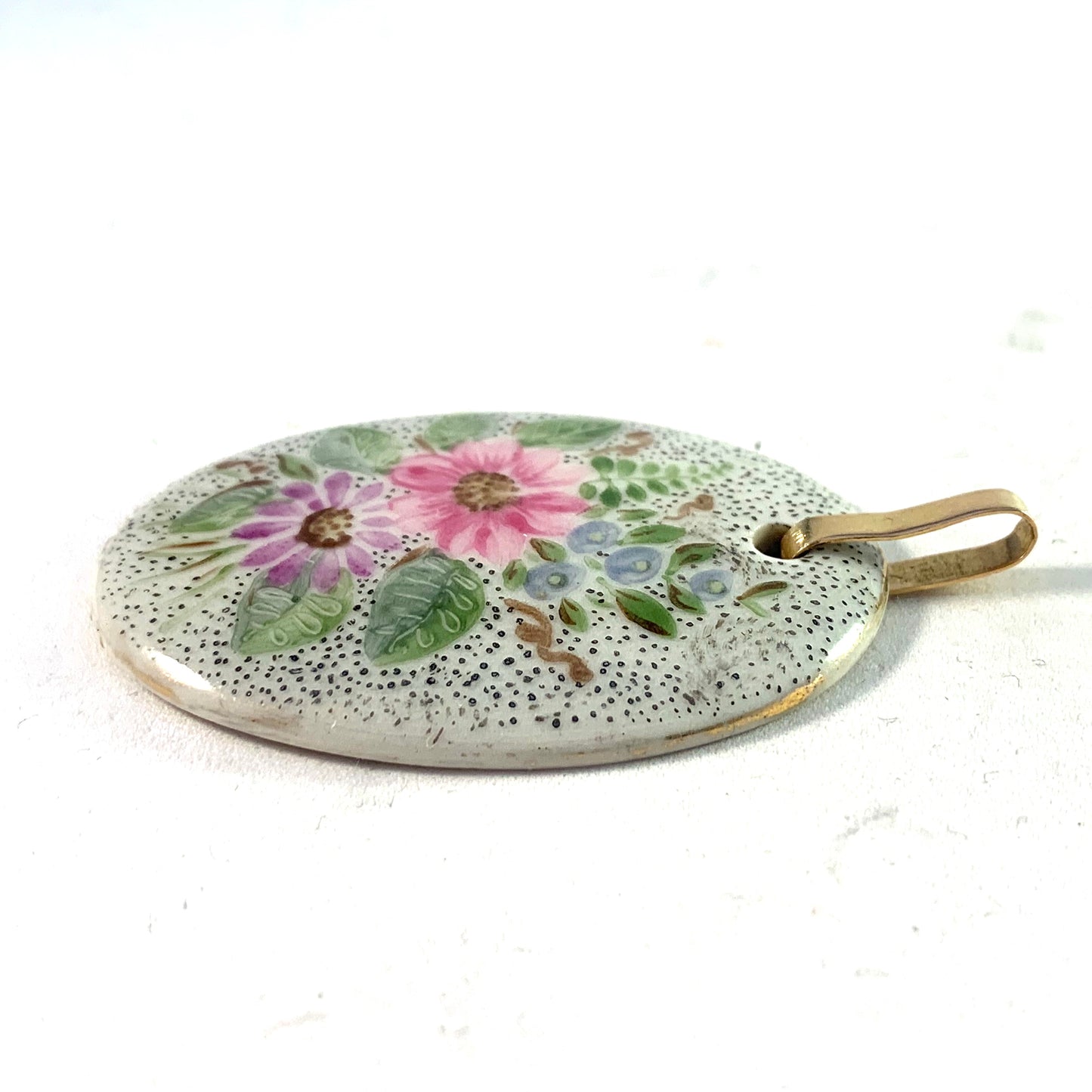 Sweden Mid Century 18k Gold Painted Porcelain Pendant.