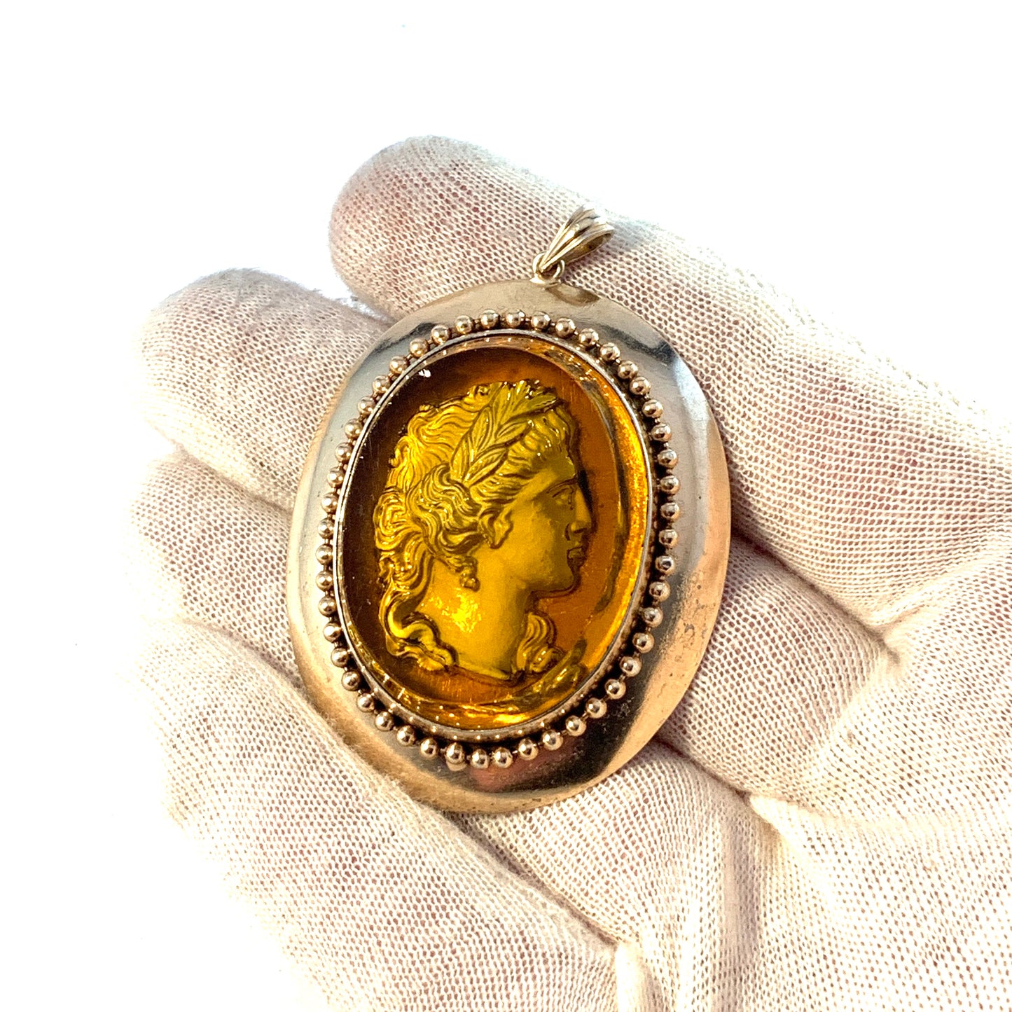 A Lundström, Sweden year 1920. Antique Large Solid Silver Glass Cameo Pendant.
