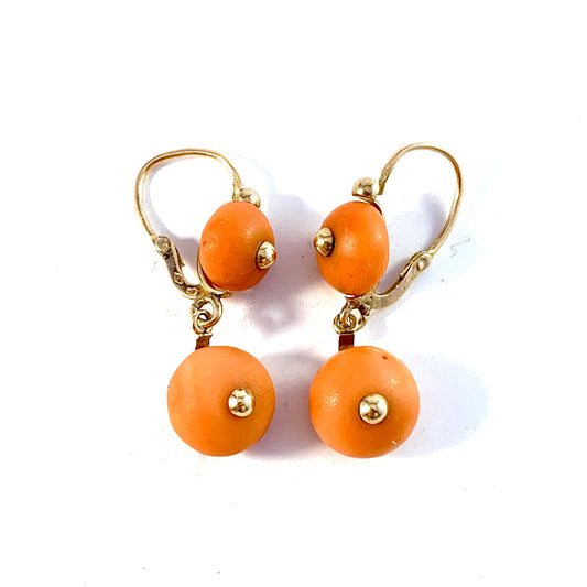 Maker LF France Early 1900s Antique 18k Gold Coral Earrings.