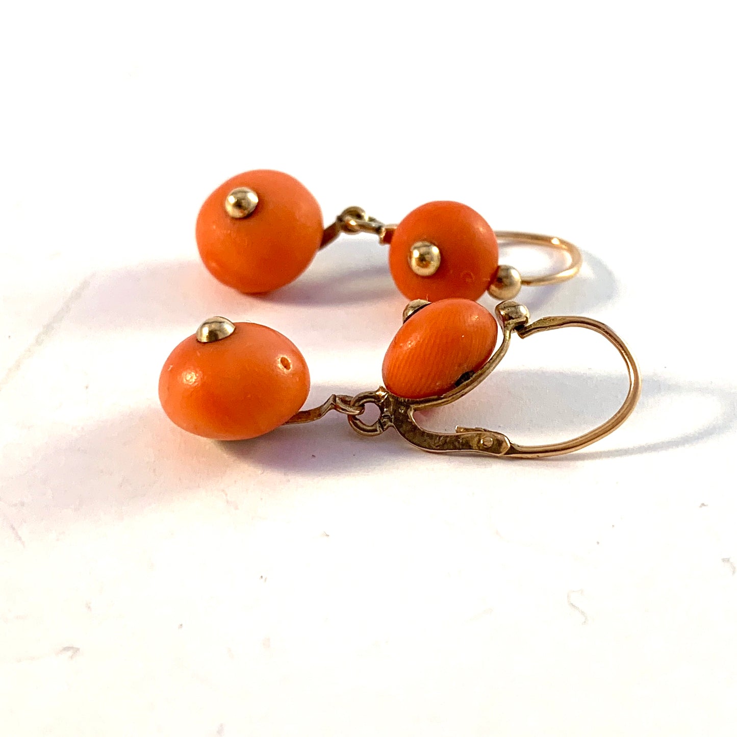 Maker LF France Early 1900s Antique 18k Gold Coral Earrings.